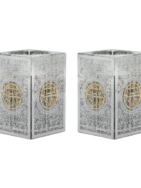 פמוטים דגם קוביה עיטורי תחרה שבת קודש צבע כסף משולב זהב