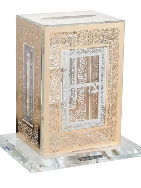 קופת צדקה זכוכית דגם עיטורי תחרה צבע זהב משולב כסף