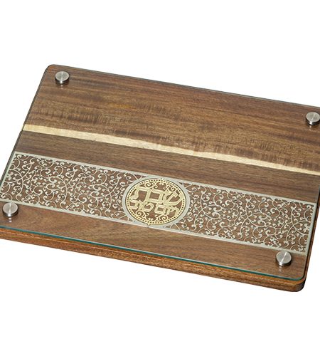 מגש עץ מלא דגם זכוכית עם פלקטה תחרה שבת ויום טוב