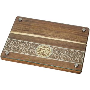 מגש עץ מלא דגם זכוכית עם פלקטה תחרה שבת ויום טוב