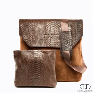 תיק Daniel עור אמיתי דגם קלאפה עור הפוך צבע קאמל משולב עור קרוקו חום