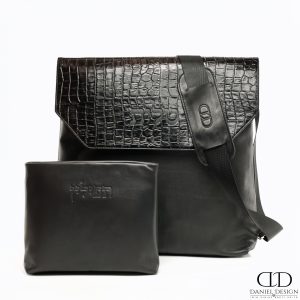 תיק Daniel עור אמיתי דגם קלאפה עור שחור חלק משולב קרוקו שחור
