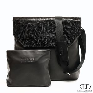 תיק Daniel עור אמיתי דגם קלאפה עור שחור חלק משולב מנוחש שחור