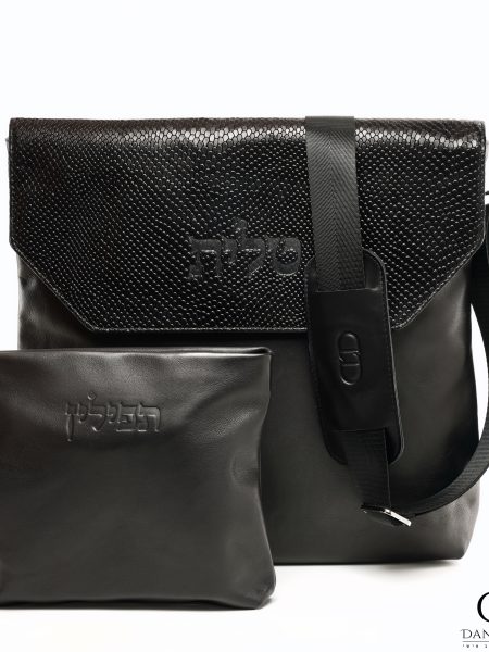 תיק Daniel עור אמיתי דגם קלאפה עור שחור חלק משולב מנוחש שחור