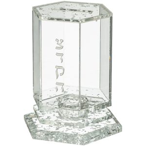 קופת צדקה פרספקט שקוף דגם משושה נצנץ אותיות בולטות צבע כסף