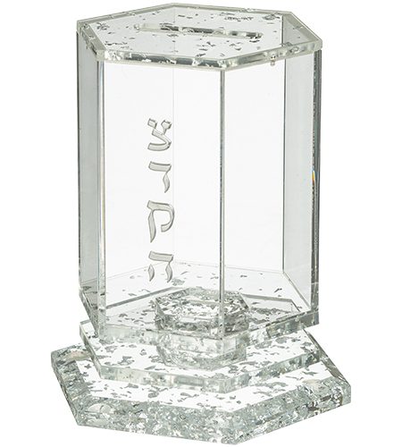 קופת צדקה פרספקט שקוף דגם משושה נצנץ אותיות בולטות צבע כסף