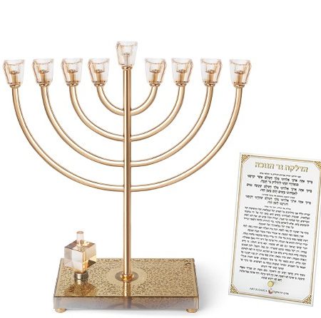 חנוכייה דגם מתכת עגולה בסיס פלקטה ראשי קריסטל וסביבון צבע זהב