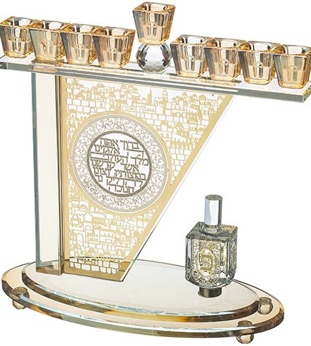חנוכייה דגם לוח פלקטה כותל וקריסטל עם סביבון צבע זהב