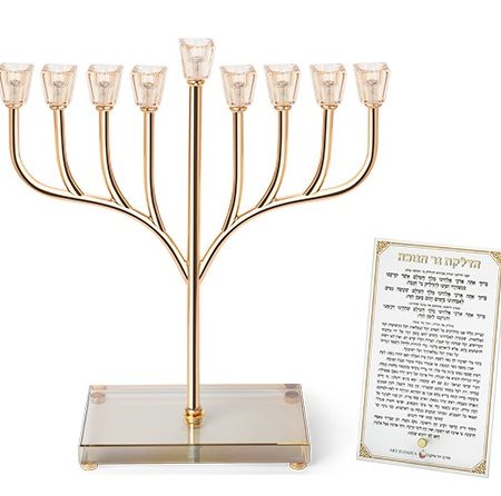 חנוכייה דגם שורשים מתכת ראשי קריסטל צבע זהב