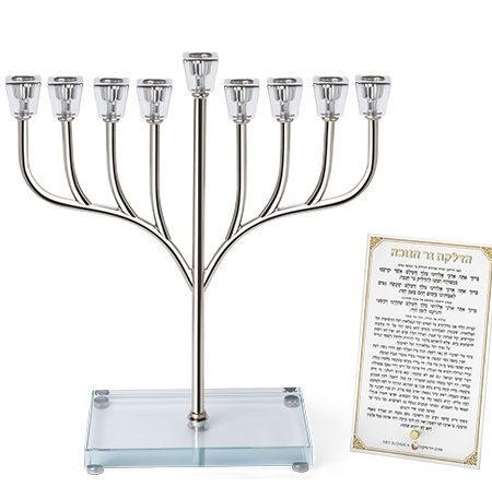 חנוכייה דגם שורשים מתכת ראשי קריסטל צבע כסף