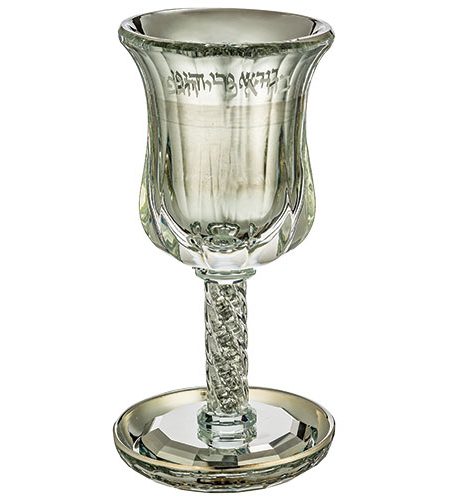 כוס קידוש דגם אליהו הנביא בורא פרי הגפן קריסטל צבע כסף